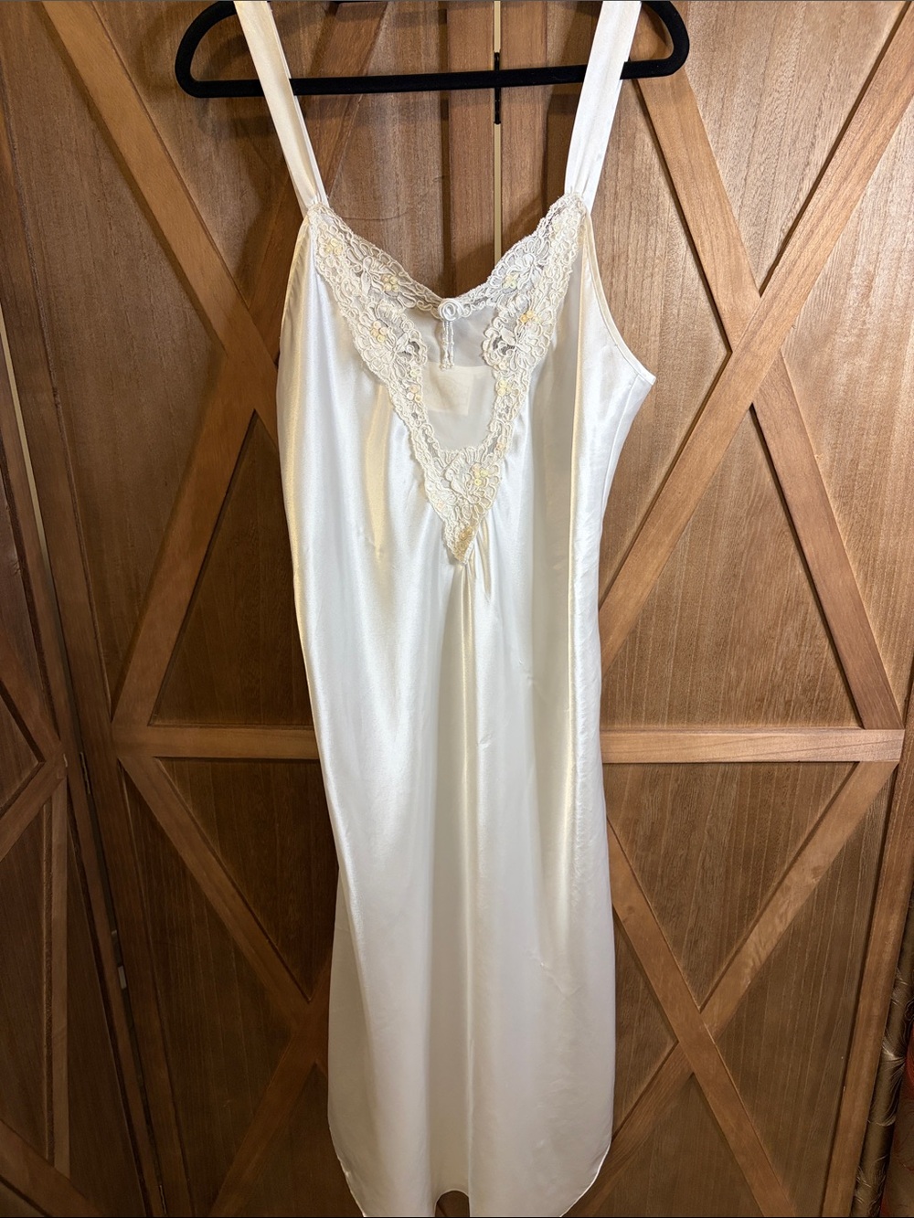 SILK AND SATIN Vintage White Cream Lace Sequin V-Neck Slip Nightgown